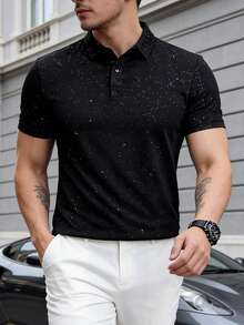 Men's Luxury Casual Slim Fit Turndown Collar Black Starry Short Sleeve Polo Shirt, Summer - Black - View 1