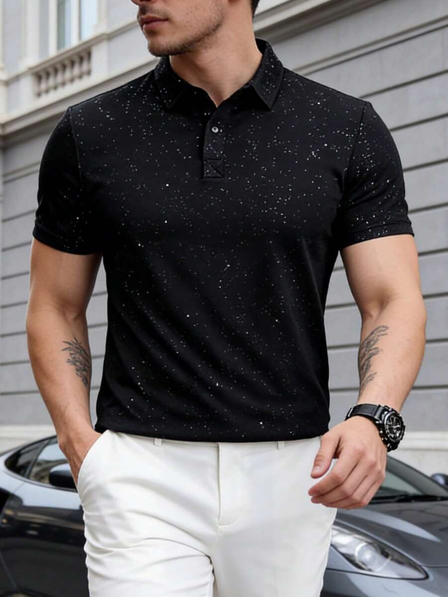 Men's Luxury Casual Slim Fit Turndown Collar Black Starry Short Sleeve Polo Shirt, Summer - Black - View 1