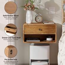 COZAYH Farmhouse Rubber Wood Floating Nightstand With Drawer And Open Shelf, Transitional Wall Mounted Side Table With Open Slot For Bedroom, Fully Assembled, Natural - Tự nhiên - Xem 4