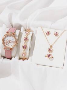 6入組女性手錶，時尚簡約桃紅色PU錶帶花卉刻度石英手錶，粉色鑲嵌鑽石珠寶套裝，假日項鍊手鏈戒指耳環套裝。粉色鑲嵌鑽石