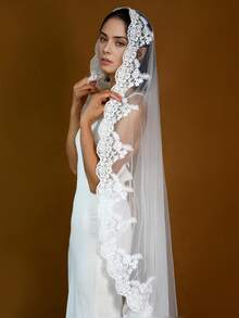 3 Meters Long Lace Edge Single Layer Cathedral Wedding Veil, Vintage Soft Tulle Bridal Headpiece, High-Quality Wedding Accessory Without Comb - Hairless Comb, - View 3