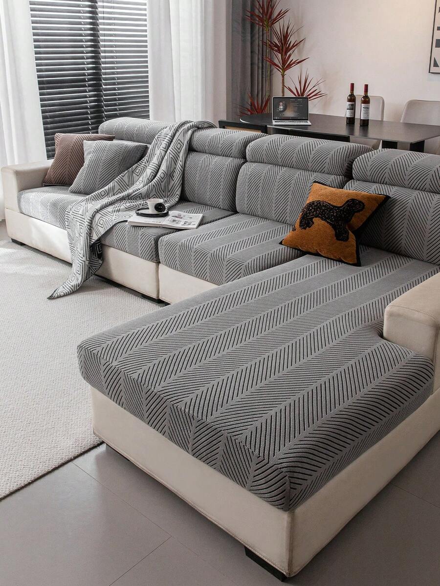 1pc Simple Striped Sofa Slipcover, High-End Non-Slip Living Room Couch Cover Cushion, Machine/Hand Washable, Pet-Friendly, Suitable For All Seasons, Home, Kitchen, Bedroom, Office Use - Dark Grey - View 1