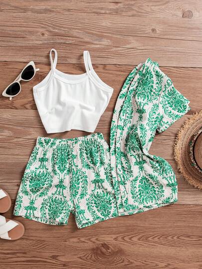 3-delars set med barockgrönt mönster för småbarn: Kortärmad kofta + linne + lösa shorts, retro lyxig stil, heltäckande jacquardstruktur, ventilerande och avslappnad passform, sommar