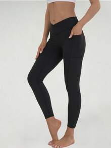 Women's V-Shaped Cross Waistband Design High Waisted Pocket Yoga Pants, Women's Sports Leggings, Soft And High Elasticity Pocket Leggings, Suitable For All Season Sports Outdoor Sports Leggings, Gym Work Pants, Hip Lifting Sports Running, Cycling, Yoga - 黑色 - 查看 8