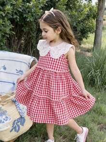Girls Red & White Plaid Dress With Large Collar, Classic Retro Gingham Pattern, Layered Ruffle Hem Design, Cute & Charming For Birthday Party Or Outdoor Picnic, Spring/Summer - Red - View 5