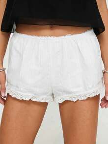Women's Summer Casual Lounge Shorts Elastic Waistband Lace Trim Low Waist Shorts - 白色 - 查看 4