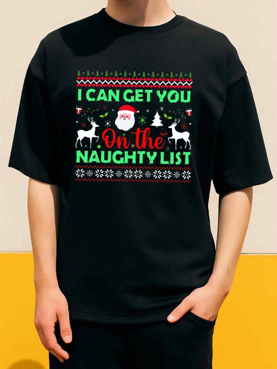 MenS Funny Christmas Naughty List Santa & Reindeer Graphic T-Shirt - I Can Get You On The Naughty List Slogan,Breathable Black Crew Neck Short Sleeve Tee for Holiday Parties,Casual Wear & Year-Round - All-Season Humorous Gift Apparel - por defecto - Ver 1