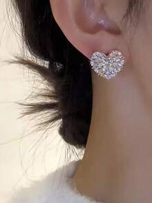 1 Pair Women Heart Shaped Rhinestone Earrings Luxury Elegant Romantic Unique Stud Earrings Fashion Jewelry Gift For Her - 黃金 - 查看 3