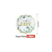 White Base Green Leaf "Oh Baby" Petal Shaped Disposable Plates, Napkins, Cups - One-Time Party Supplies Set, Fits 25 Guests, Disposable Paper Plates Party Tableware Suitable For Birthday, Wedding, Theme Party, Family Picnic - Multicolor - View 9
