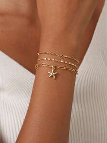 3pcs/Set Women Bohemian Summer Beach Layered Bracelets, Including Golden Plated Multi-Layer Chain, Beaded Chain, Sequin Chain, Paperclip Chain, Copper Zirconia Starfish Pendant Layered Bracelet Set, Ocean Series Jewelry Gift - Yellow Gold - View 6
