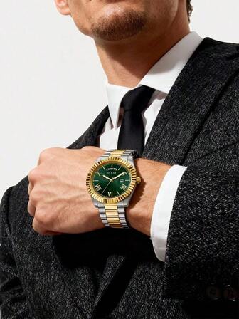 Guess GW0265G8 Classic Elegant Men's Quartz Analog Wrist Watch With Date/Day Display, Green Round Dial, Silver-Gold Stainless Steel Strap, Suitable For Daily Business Wear, Also An Ideal Gift For Men