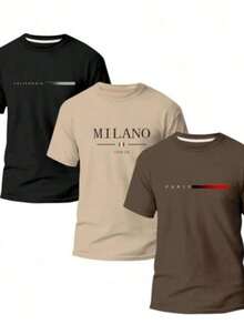 POLAR BEAR Set Of 3 Men's Cotton Streetwear T-Shirt Kit With COUNTRIES Print - 黑色-米色-棕色 - 查看 10