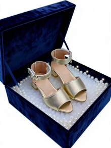 1 Pair Girls' Rhinestone Decor PU Leather Non-Slip Low Heel Open Toe Princess Style Sandals, Suitable For Stage Performance, Birthday Outfit Matching And Summer Party Occasions - Gold - View 2