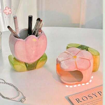 قطعة واحدة حامل فرشاة مكياج وقلم على شكل زهرة من السيراميك، منظم قرطاسية مكتبي جميل، حامل لوازم المكتب، ديكور إبداعي للطلاب