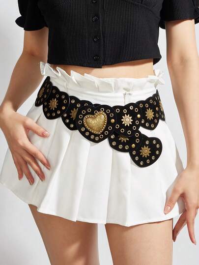 1 chiếc thắt lưng da PU kiểu retro hình trái tim đính đinh tán, phong cách punk rock, phù hợp cho mọi mùa.