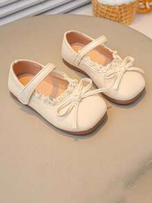1 Pair Girls' Simple Design Princess Flat Shoes, Soft Bottom Non-Slip Children's Small Leather Shoes, Sweet Style, Suitable For Spring And Autumn - بيج - مشاهدة 5