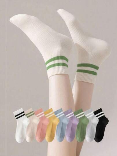 10双装女士极简双层薄款运动防臭袜，韩版舒适透气，适合户外行走、高跟鞋、上学等场合，防滑短筒袜
