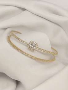Women's Double Bracelet With Delicate Zirconia Pavé Setting And Minimalist Luxury Center Stone. - 金色 - 查看 6