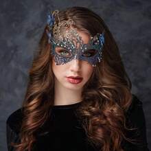 QY- Halloween Lace Masquerade Masks - 1920s Vintage Antique Mask For Men Women Carnival Party Mardi Gras Evening Prom -3788 - 黑與藍 - 查看 3