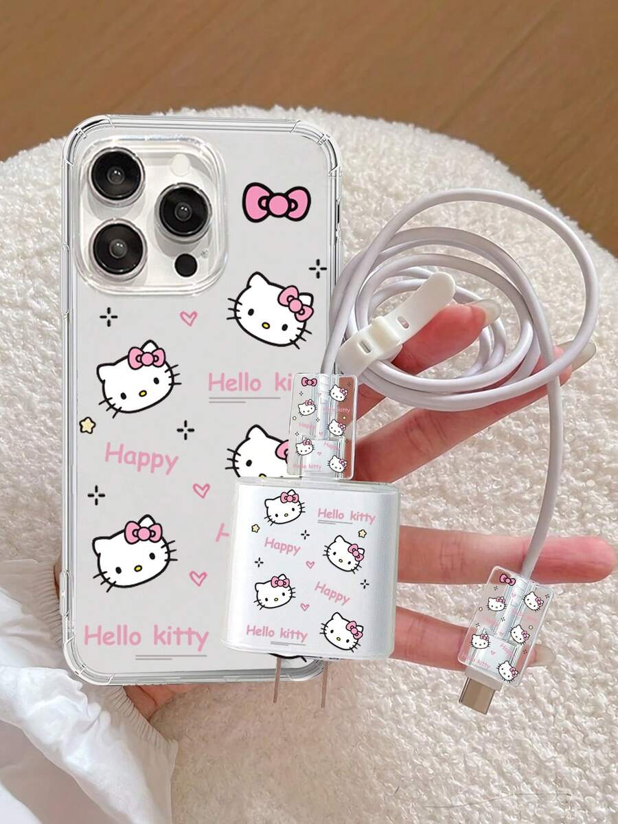 SANRIO Cute Cartoon Hello Kitty Phone Case Compatible With IPhone 17/16/15 Pro Max, 14/13 Full Coverage, 12 Transparent, 11, Apple Phone Data Cable Protection Set, Cable Winder, Cable Protector, Anti-Breakage Charging Head - Multicolor - View 1