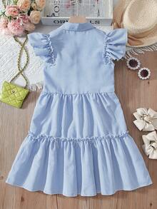女童休闲无袖条纹及膝连衣裙，带领子和喇叭袖，适合夏季日常穿着 - 淺藍色 - 查看 2