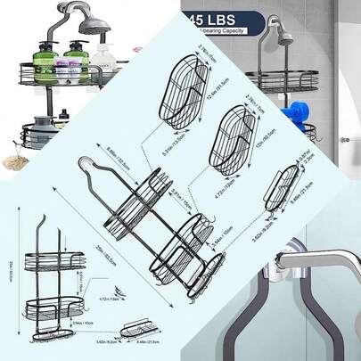 Porte-savon de douche suspendu pour salle de bain avec crochets et 2 paniers à savon, sans perçage, anti-balancement, noir