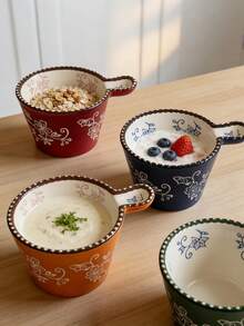 1pc Ceramic Beaded Handle Sauce Bowl, Breakfast Cup Baking Container, Steaming Cooking Baking Bowl Milk Cup Cake Bowl, Oatmeal Cup Snack Bowl, Suitable For Kitchen, Living Room, Dining Room, Tableware, Cup, Ramadan Dinnerware - Multicolor - View 2