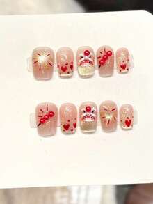 10Pcs Nude Pink False Nails With Lion Heart Design Glitter Artificial Nails For Party And Daily Use