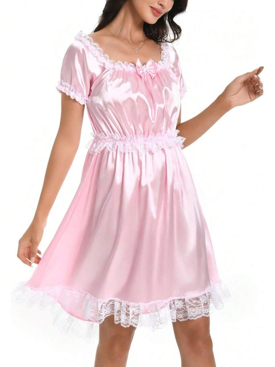 Satini Lingerie Satin  Babydoll Ruffles Frilly Lace Slip Nightwear Dress - Baby Pink - View 1