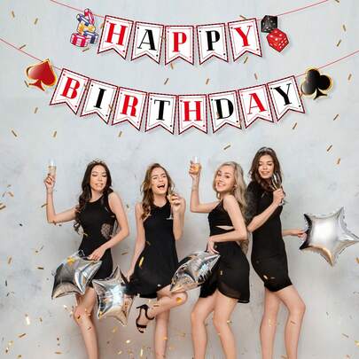 1set Casino Theme Happy Birthday Banner, Paper Poker Token Night Backdrop Decorations Las Vegas Garland Supplies For Party