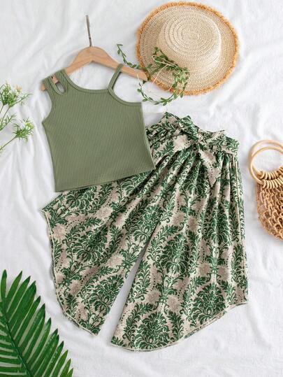 2pcs/Set Young Girls Solid Ribbed Camisole Top + Floral Print Asymmetrical Skort Set With Belt, Suitable For Beach, Vacation, Outdoor Wear