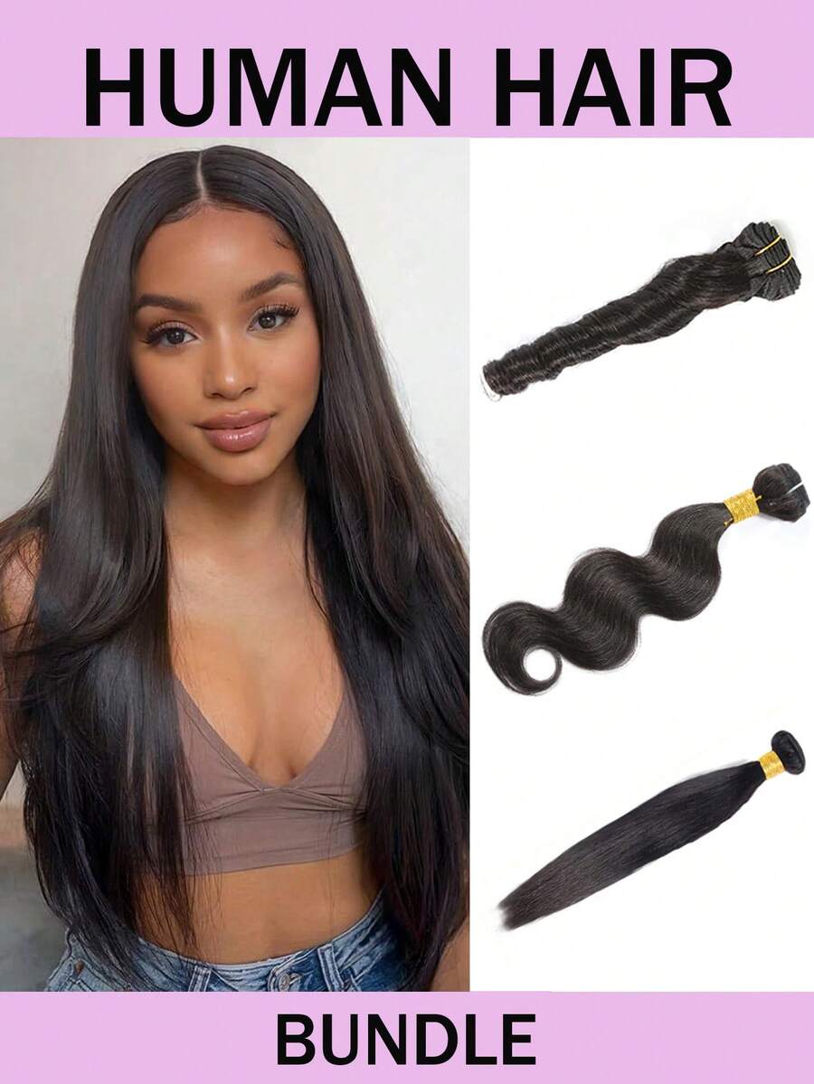 Straight & Straight And Bouncy Curls & Body Wave Human Hair Bundles Human Hair Unprocessed Virgin Double Weft Bundles For Women Human Hair Quick Weave Natural Black - Natural Black - View 1