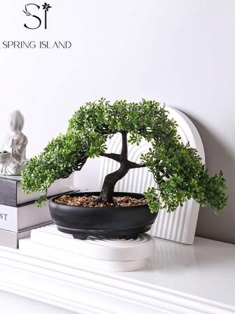 1 st konstgjord bonsaiträd i kruka, svart kruka, 20 cm hög, grön konstväxt, lämplig för hem- och kontorsinredning | Perfekt att placera på bokhylla, skrivbord, badrum | Juldekoration i lantlig stil, alla hjärtans dag, vår-/sommardekor, heminredning