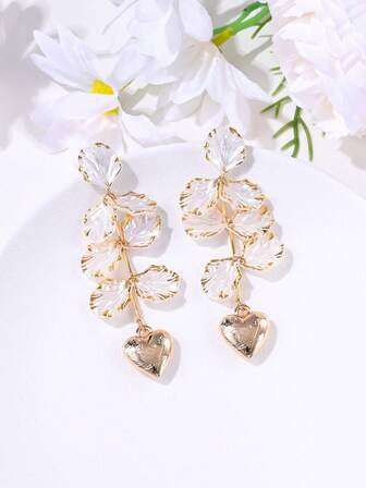 一对法式奢华贝壳花瓣拼接心形流苏耳环，优雅饰品，适合女性日常、派对、四季佩戴。