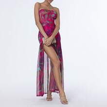 Women's Tube Top Dress Slim Strapless Backless Mesh Patchwork Tropical Leopard Print High Slit Long Dress for Party Club Night - Morado - Ver 6