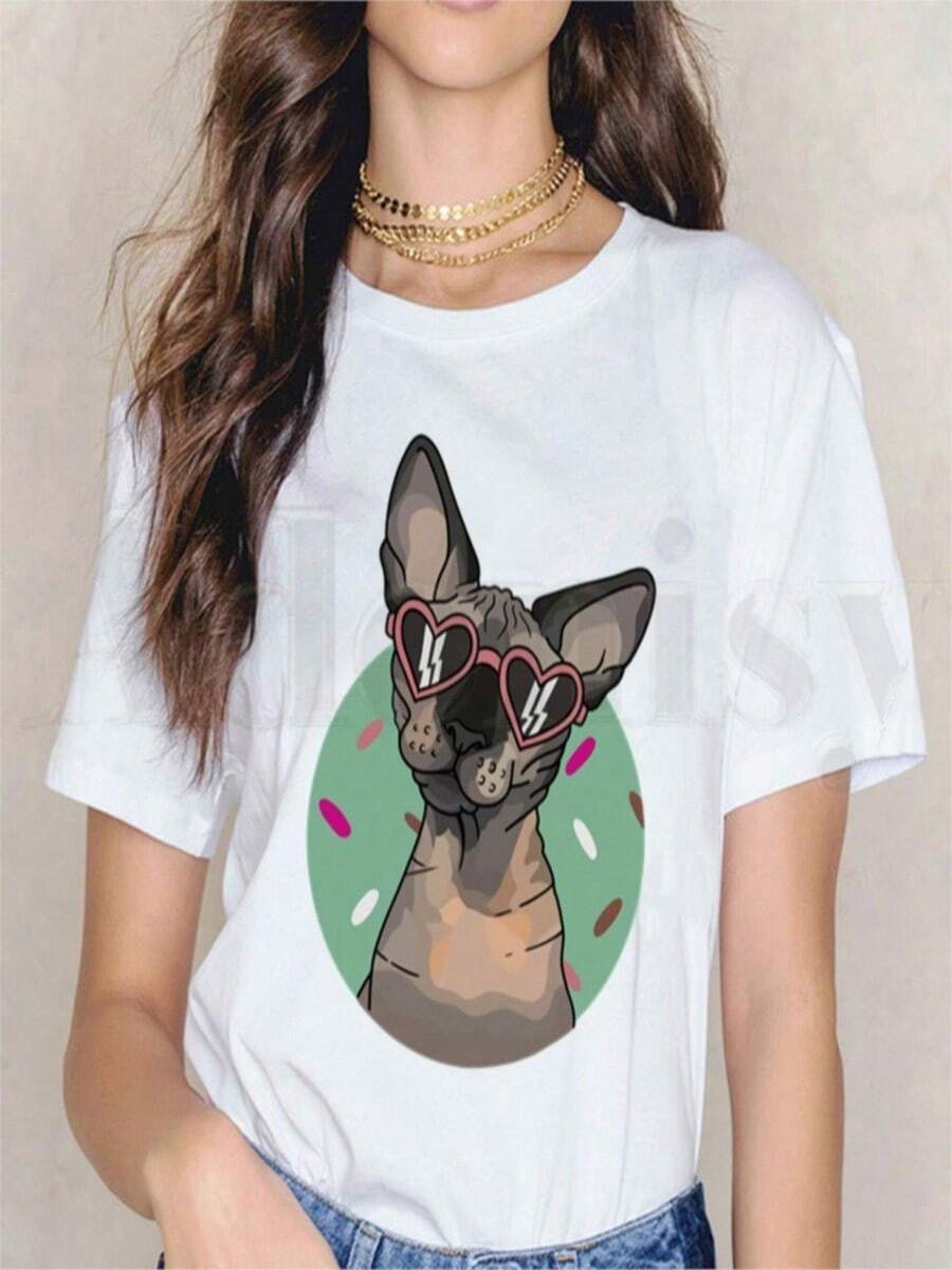COOL SUMMER Sphynx Cats T-Shirts Printed Cartoon Cat T Shirts Funny Short SLeesve Female Tops Tees Harajuku Vintage Women's T-Shirt Clothing - 白色 - 查看 1