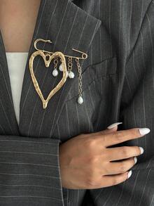 1pc Bohemian Geometric Chain Heart Pendant Faux Pearl Tassel Brooch, Elegant Fashion For Party, Casual, Wedding, Date, Women's Holiday Birthday, Versatile Jewelry Gift - Brooch - View 3