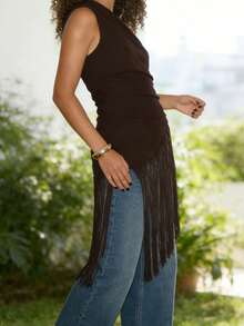 Women's One Shoulder Tank Tops Sleeveless Solid Color Ruched Tassel Hem Slim Fit Vest - Brown - View 3