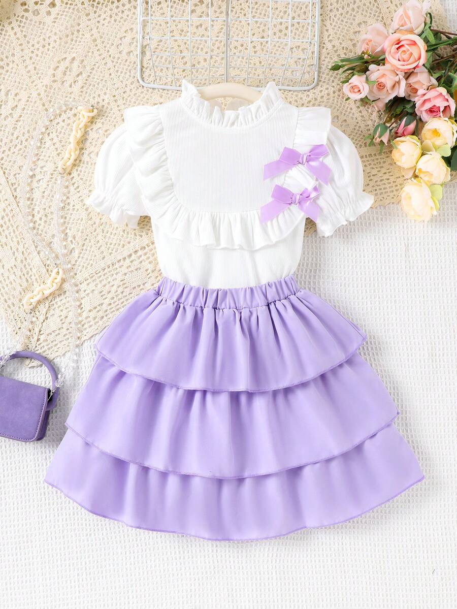2 Stück Kleinkind Mädchen elegantes Schulstil Kurzarm Top + Tüllrock Set, leicht für den Sommer - Violett - Übersicht 1