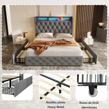 Upholstered Bed 140x190 Cm With LED Lighting And USB Socket, Headboard With Shelves And Storage Space, Flat Double Bed With 4 Drawers, Velvet. - Grey - View 6