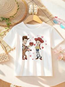 Disney Apparel Featuring A Toy Story Valentine's Day-Themed Design On A Girls' T-Shirt. This Soft, Breathable Short-Sleeve Crew Neck Tee Is Perfect For Spring And Summer Wear, Ideal For Everyday Outfits, Vacation Leisure, Outdoor Adventures, School Life, And Shopping Trips. It Also Makes An Excellent Gift For Boys And Girls Alike. Every Child Deserves One. - 白色 - 查看 4