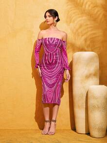 LOVE&LEMONADE Fuchsia Sequin Off-Shoulder Long Sleeve Backless Split Party Dress - Hot Pink - View 4