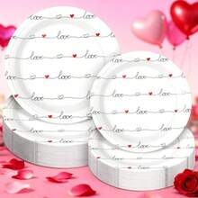 50 Pcs Valentines Day Paper Plates Red Love Heart 9 Inch 7 Inch Dinner Dessert Plates Disposable Tableware For Wedding Anniversary Romantic Valentines Galentine Party Supplies Decorations - RedWhite - View 1