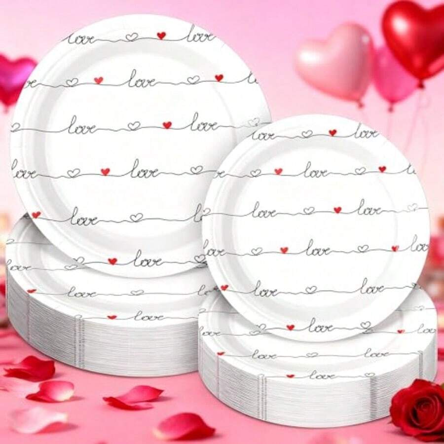 50 Pcs Valentines Day Paper Plates Red Love Heart 9 Inch 7 Inch Dinner Dessert Plates Disposable Tableware For Wedding Anniversary Romantic Valentines Galentine Party Supplies Decorations - RedWhite - View 1
