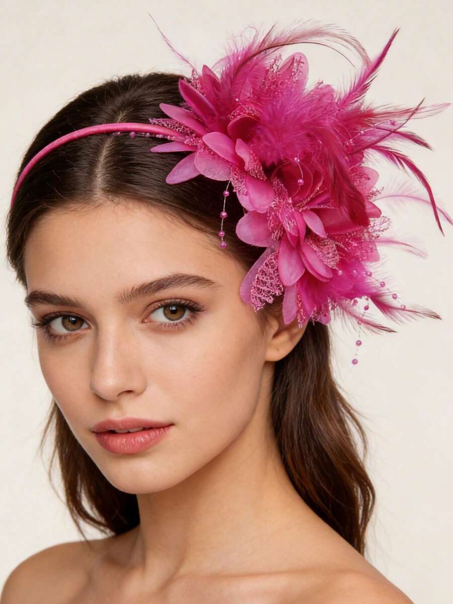 1件复古优雅羽毛花朵发箍，派对及婚礼头饰，夸张的3D花朵和珍珠装饰，适合化装舞会、嘉年华、宴会等场合，粉色发饰发箍，家居美发饰品