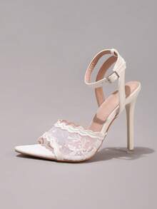 时尚蕾丝刺绣高跟凉鞋，性感尖头派对晚宴婚礼鞋，超细高跟，白色 - 白色 - 查看 20