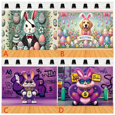 Biểu ngữ phẳng 2D chủ đề Lễ Phục Sinh, làm từ sợi polyester, với hình ảnh chú thỏ và quả trứng Phục Sinh sống động, thích hợp trang trí nhà cửa, sân vườn và studio - Phông nền tiệc đa năng, màu kaki vàng mù tạt.