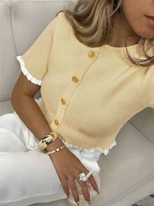 女士夏季纽扣耳部设计针织上衣，米色优雅休闲短袖针织衫，适合约会和日常穿着 - 杏色 - 查看 5
