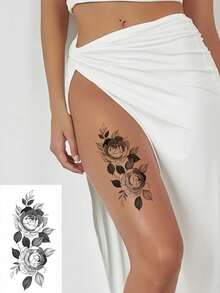 8 Sheets Temporary Tattoos Flowers Sexy Tattoos Black Realistic Rose Tattoo Stickers For Women Adult Fake Tattoos Body Art Arm Neck Sketch Realistic Floral Temp Tattoos For Party Daily Makeup - Black - View 5