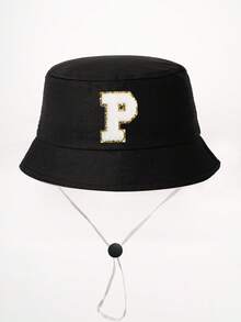 1顶26字母印花儿童渔夫帽+可拆卸防风绳，可调节户外遮阳帽，适合男孩女孩，春秋季旅行、海滩、度假 - 黑色 - 查看 13